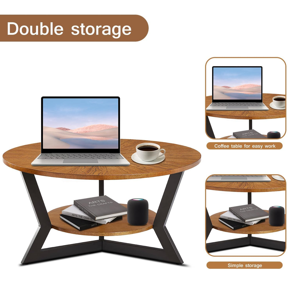 Brown 2-Tier Solid Wood Round Coffee Table P2581