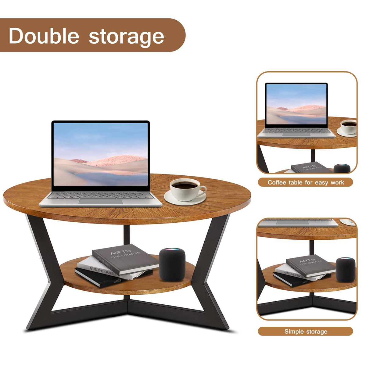 Brown 2-Tier Solid Wood Round Coffee Table P2581