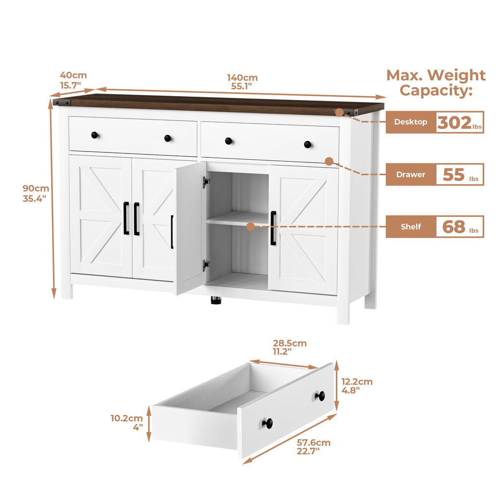 White Wood Buffet Cabinet with 2 Drawers and 4 Barn Doors A750