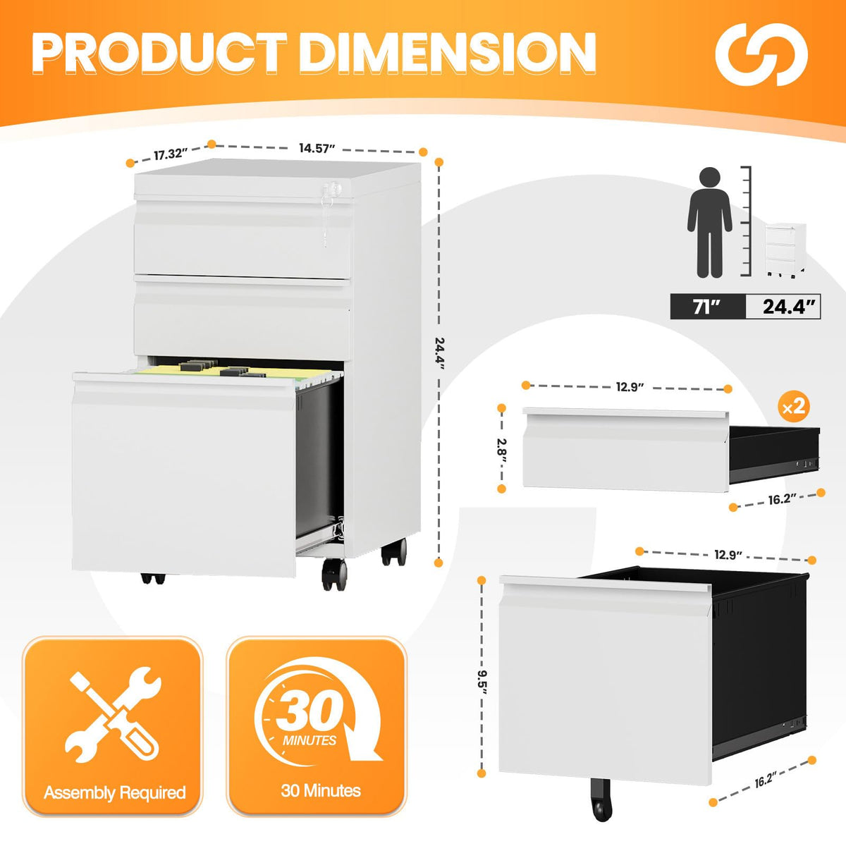 3 Drawer White Metal Mobile File Cabinet with Lock P973