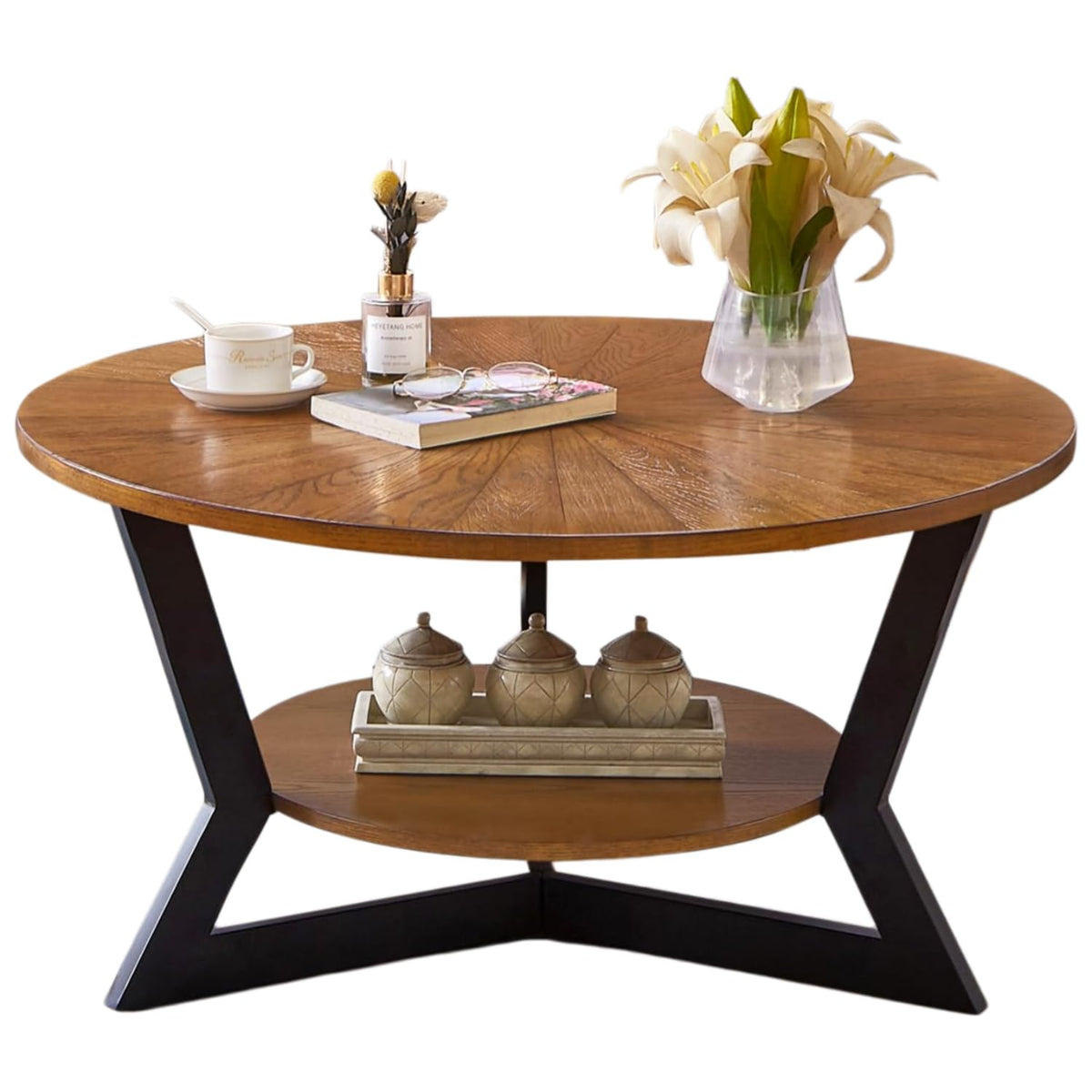 Brown 2-Tier Solid Wood Round Coffee Table P2581