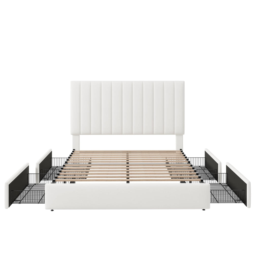 White Velvet Queen Size Storage Bed Frame with 4 Underbed Drawers F963