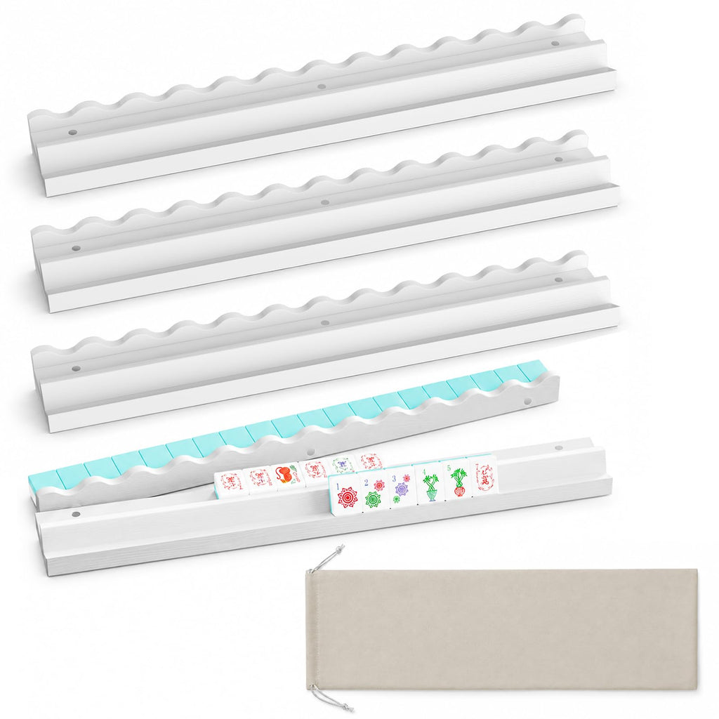 White Scalloped Wooden Mahjong Racks with Pushers Set of 4 E736876