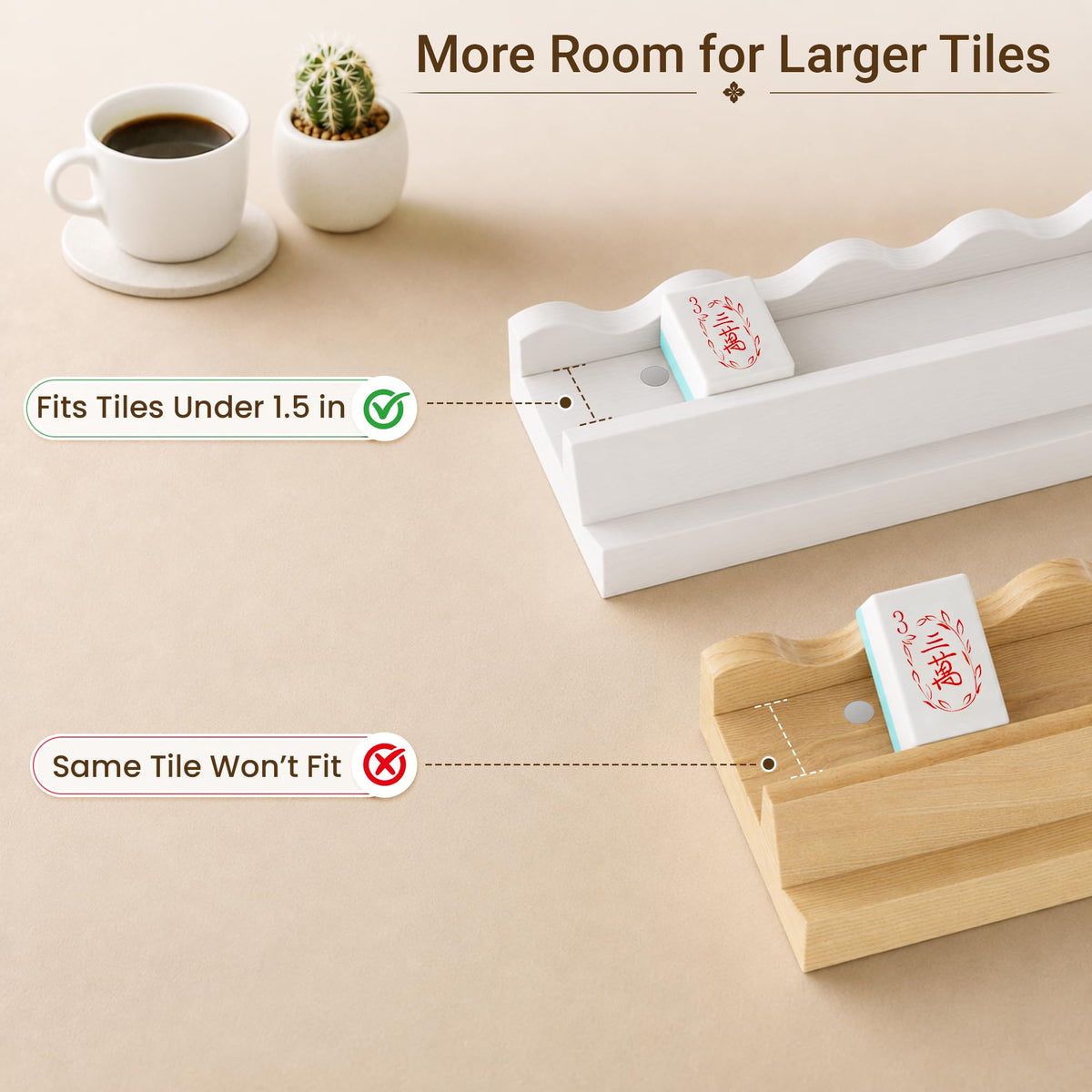White Scalloped Wooden Mahjong Racks with Pushers Set of 4 E736876