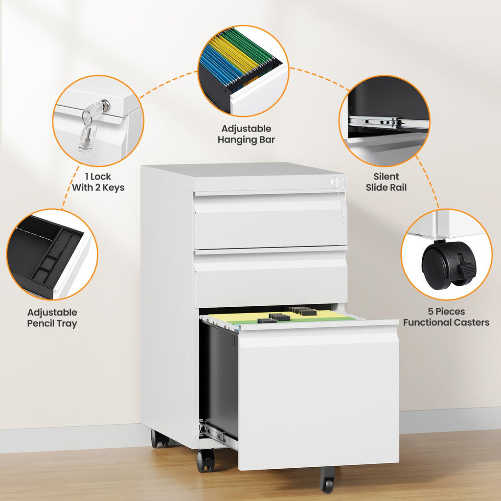 3 Drawer White Metal Mobile File Cabinet with Lock P973