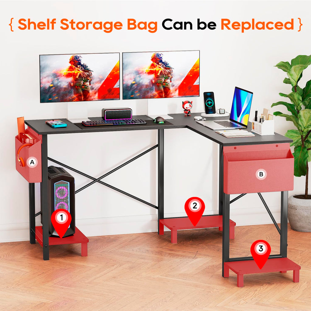 50 Inch Black L-Shaped Desk with Side Storage Bag & CPU Stand Y769