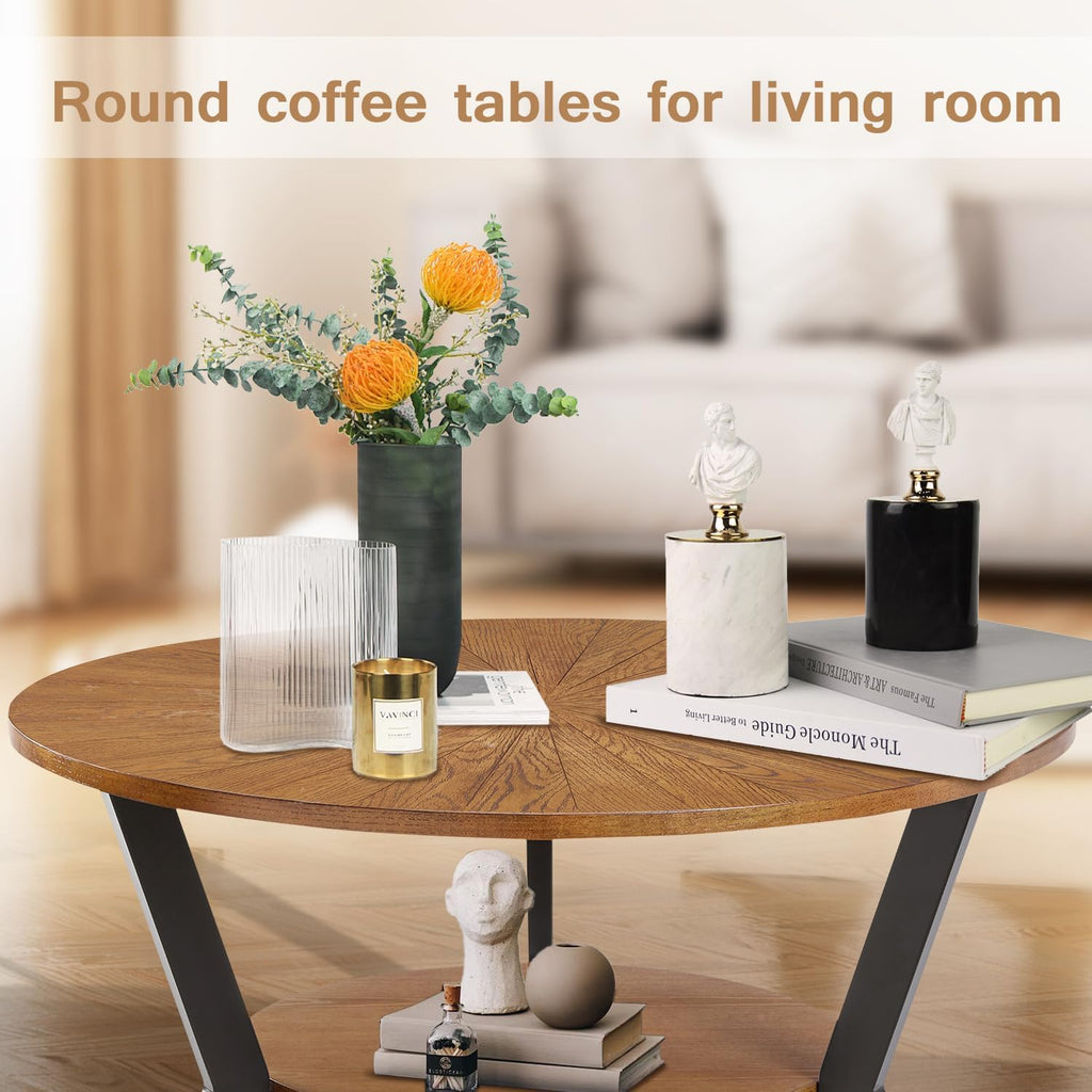 Brown 2-Tier Solid Wood Round Coffee Table P2581