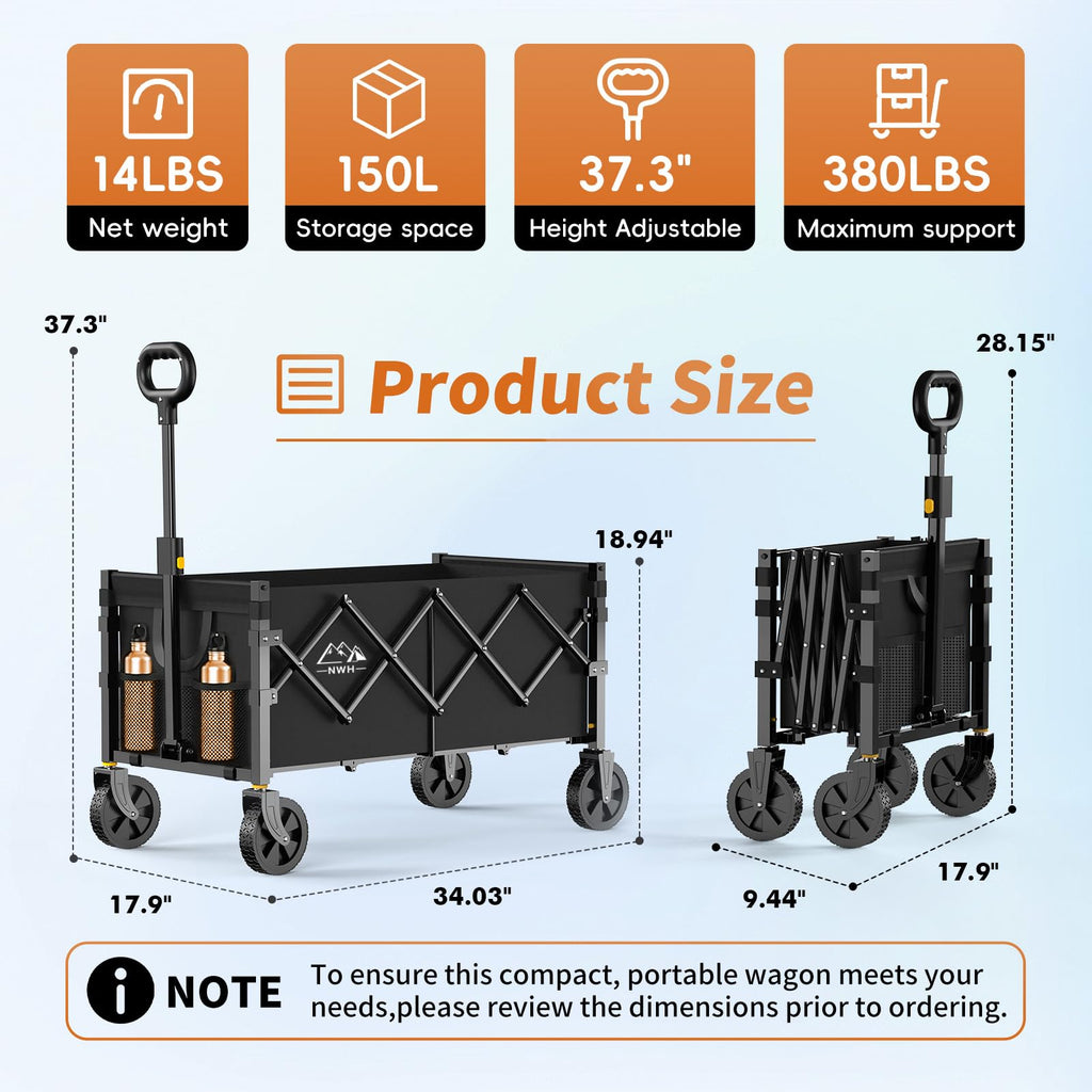 34'' Extra Long Collapsible Wagon, 380lbs Heavy Duty Utility Cart with All-Terrain Wheels S468789
