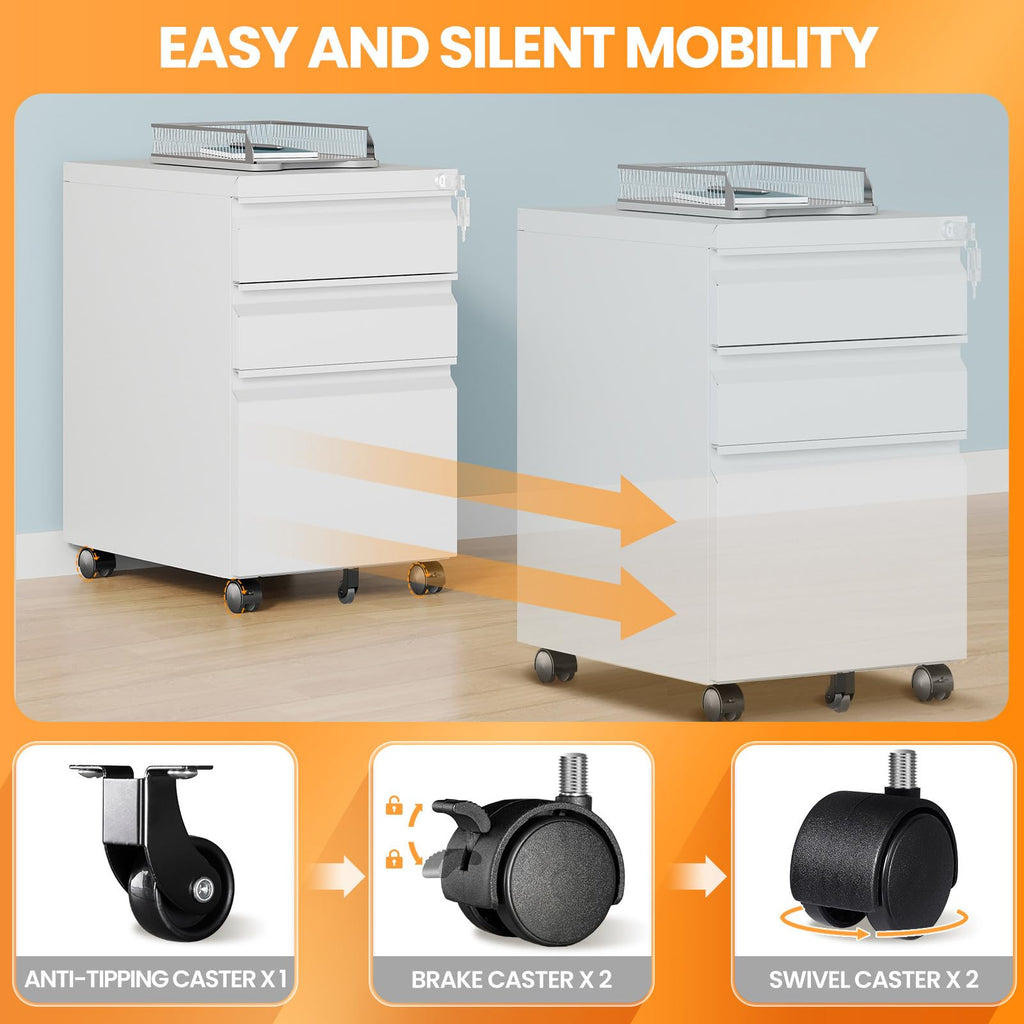 3 Drawer White Metal Mobile File Cabinet with Lock P973