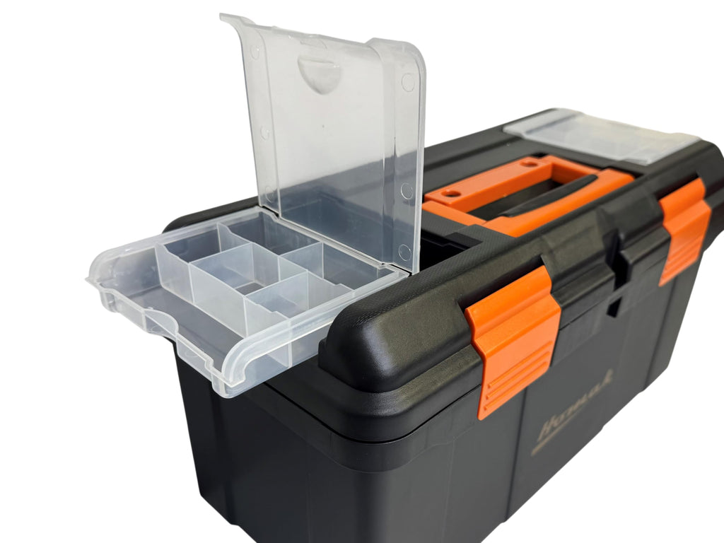 Plastic Tool Box with Tray and Dividers, Black, 19.25 Inches F1537