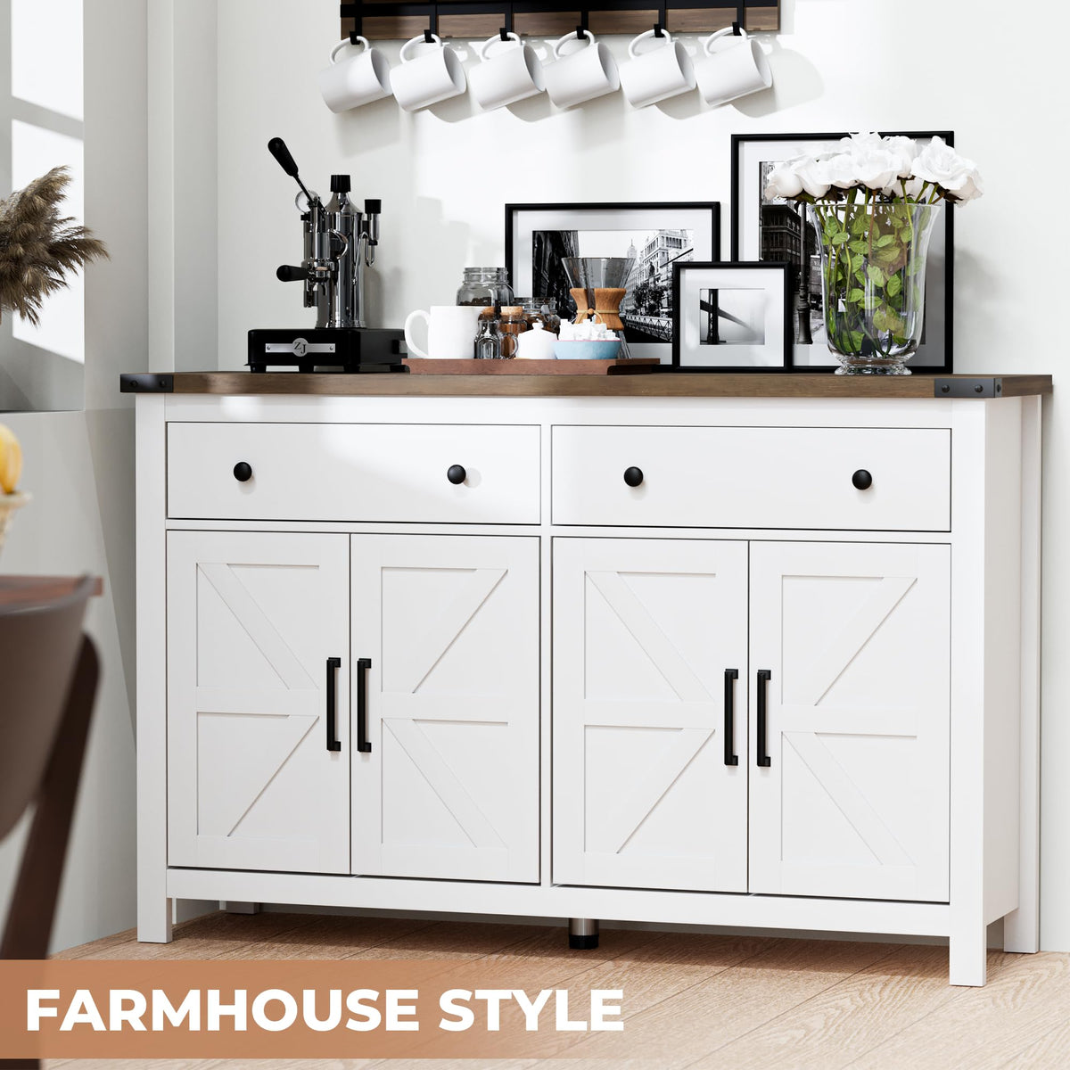 White Wood Buffet Cabinet with 2 Drawers and 4 Barn Doors A750