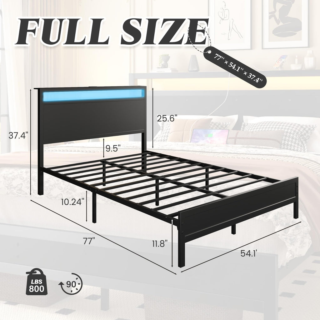 Full Bed Frame with Headboard, Footboard, Charging Station, LED Light, Storage Shelf, Black B15947