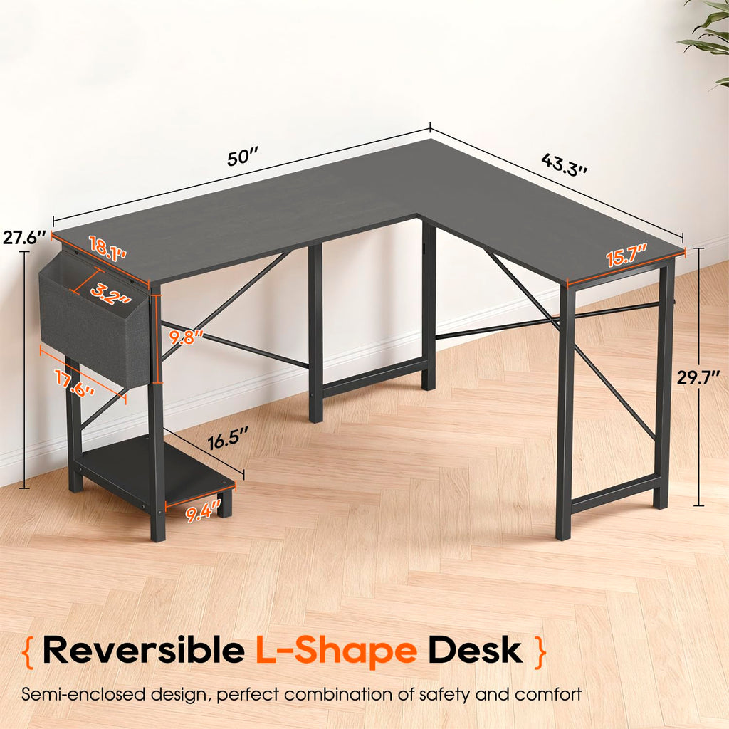 50 Inch Black L-Shaped Desk with Side Storage Bag & CPU Stand Y769