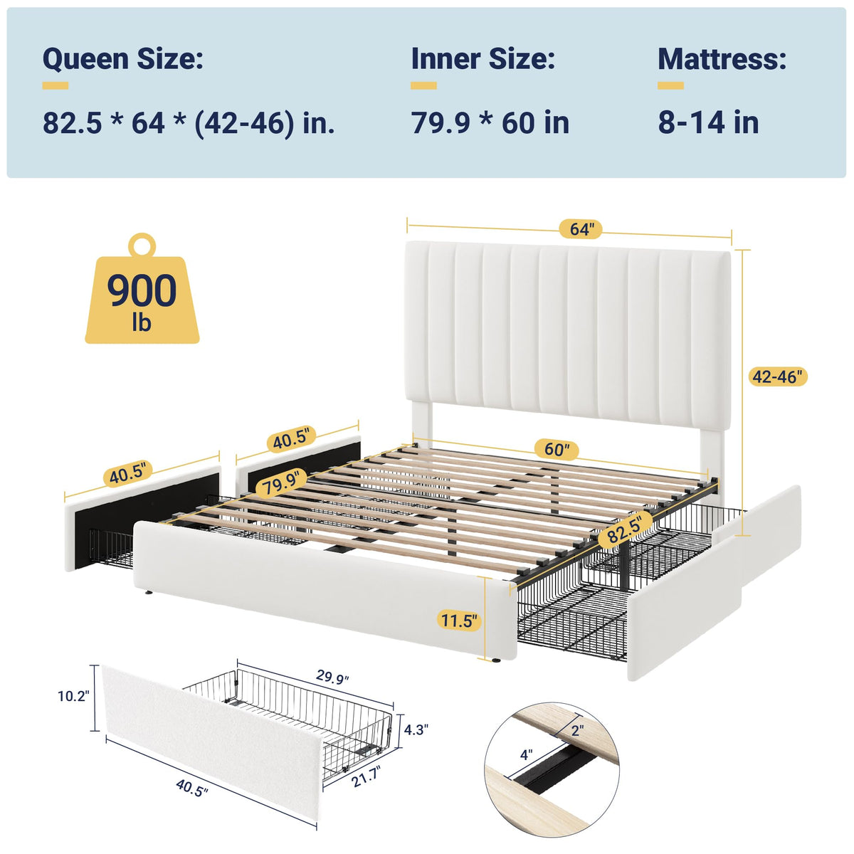 White Velvet Queen Size Storage Bed Frame with 4 Underbed Drawers F963