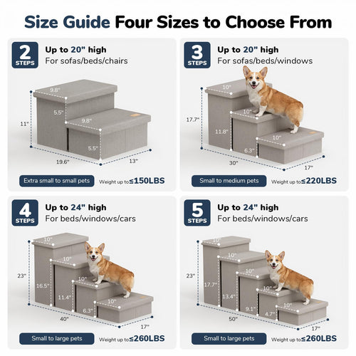2-Step Wide Dog Stairs with Storage, Non-Slip Foldable Pet Steps, Grey X42606