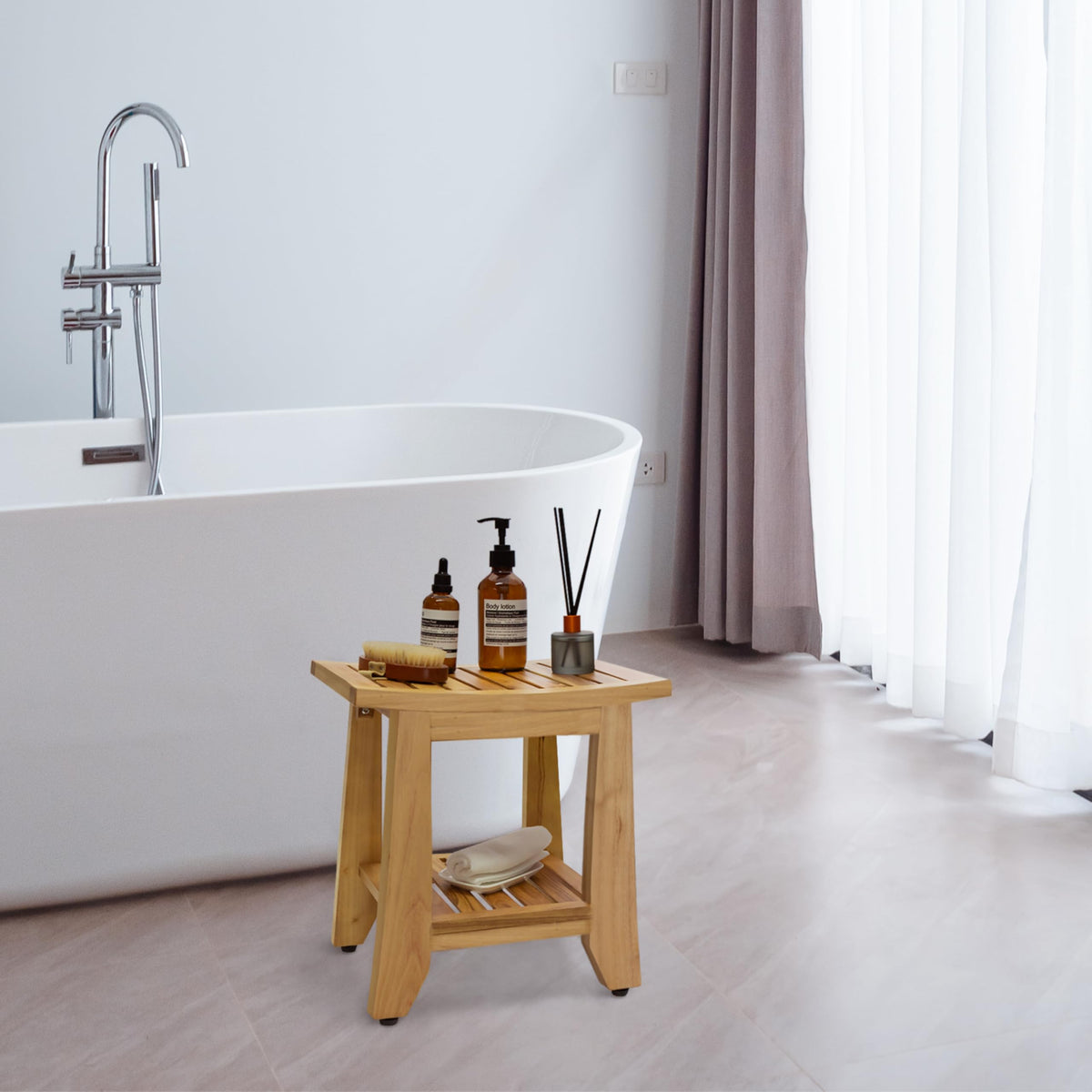 14'' Waterproof Teak Shower Bench with Storage Shelf S537376
