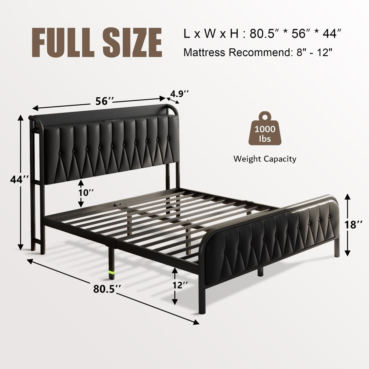 Black Full Size Platform Bed Frame with Faux Leather Upholstered Storage Headboard R244