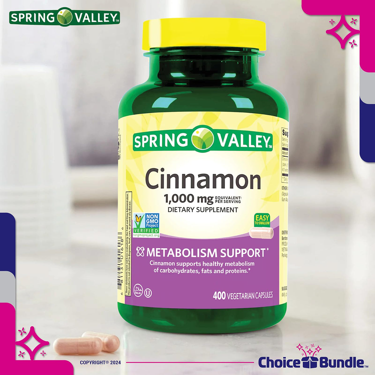 Cinnamon Supplement 1000mg Vegetarian Capsules 1200 Total J7620