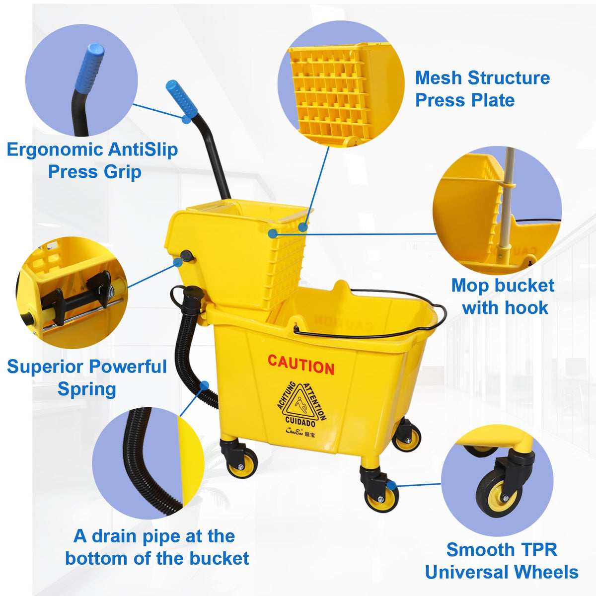 Yellow 35 Qt. Side-Press Mop Bucket and Wringer Combo on Wheels T437