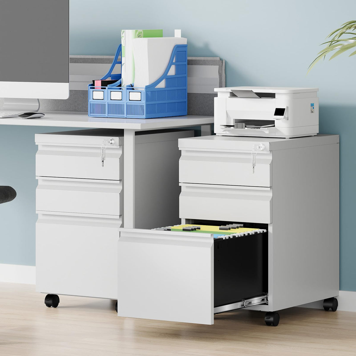 3 Drawer White Metal Mobile File Cabinet with Lock P973