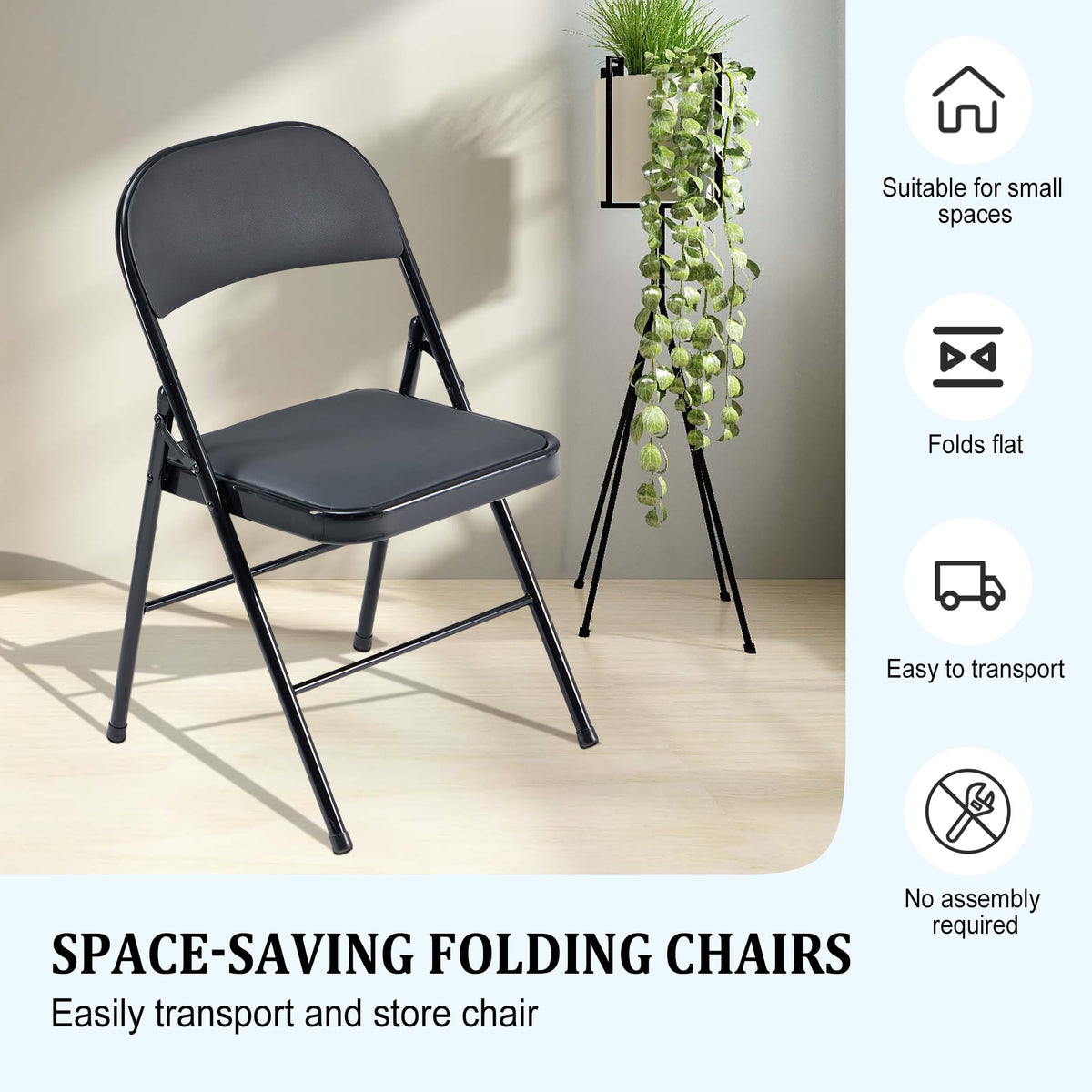 Black Folding Chairs 10-Pack Padded Heavy Duty Steel Frame D908