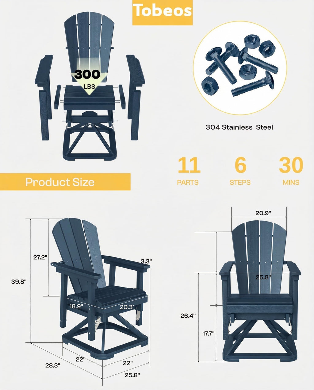 HDPE Oversized Swivel Glider Rocking Chair Set of 2 Navy Blue W631