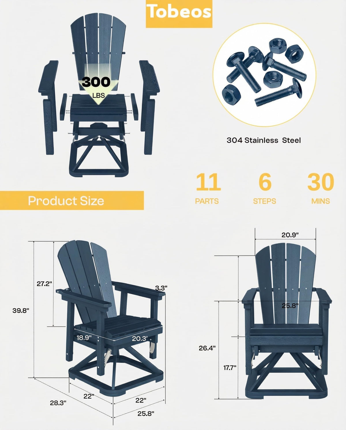 HDPE Oversized Swivel Glider Rocking Chair Set of 2 Navy Blue W631