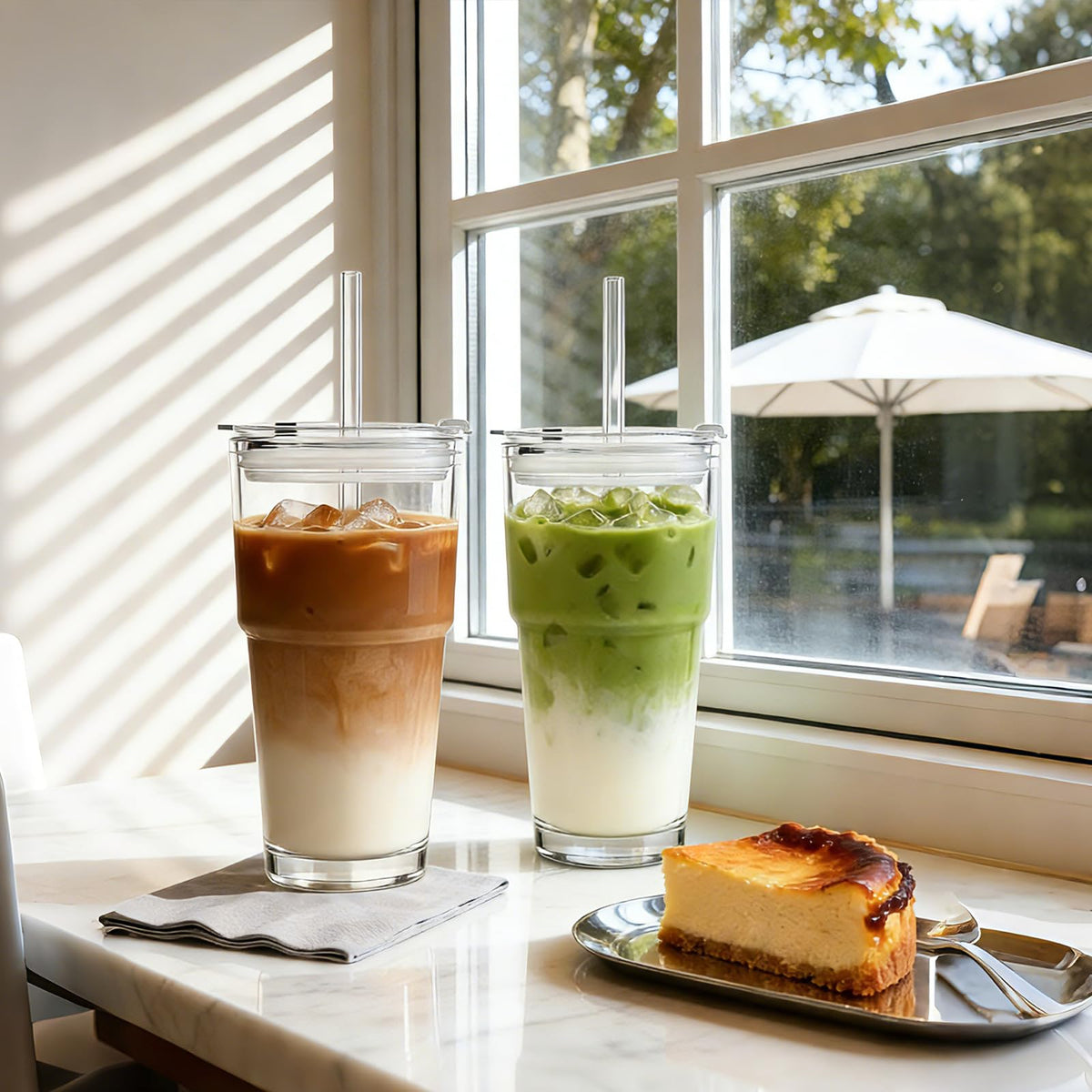 20 oz Iced Coffee Cups with Lids and Straw, Set of 4 Glass Tumbler P491669