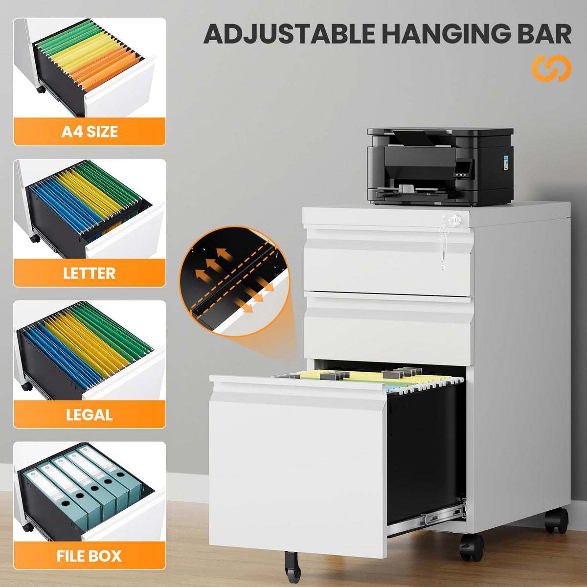 3 Drawer White Metal Mobile File Cabinet with Lock P973
