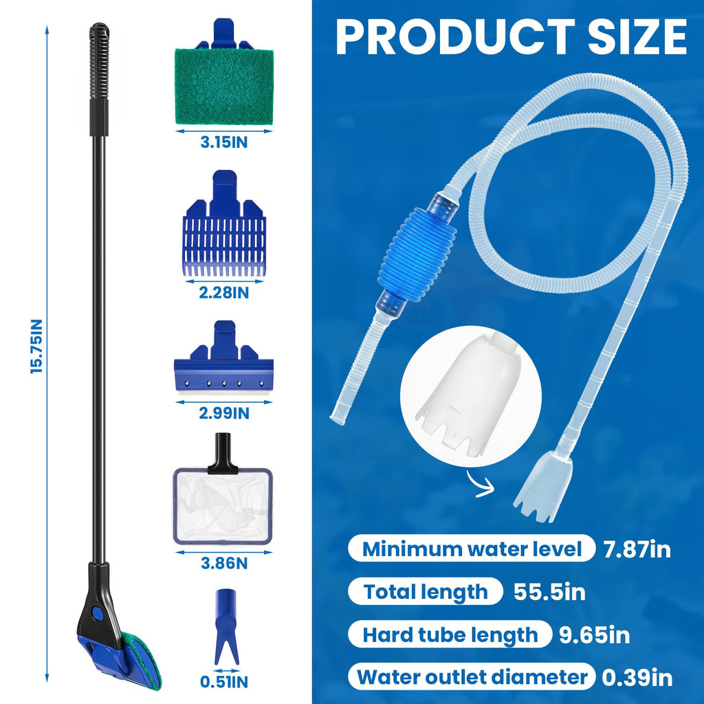 Aquarium Fish Tank Cleaning Tool Kit 4 Pcs Long Aquascape Tools Magnetic Glass Cleaner Brush 5 in 1 Gravel Cleaner and Siphon Vacuum K483201