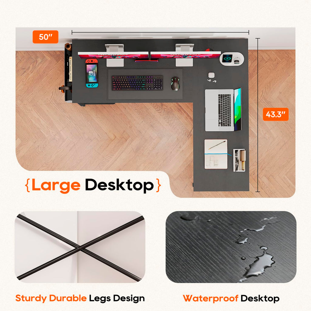 50 Inch Black L-Shaped Desk with Side Storage Bag & CPU Stand Y769