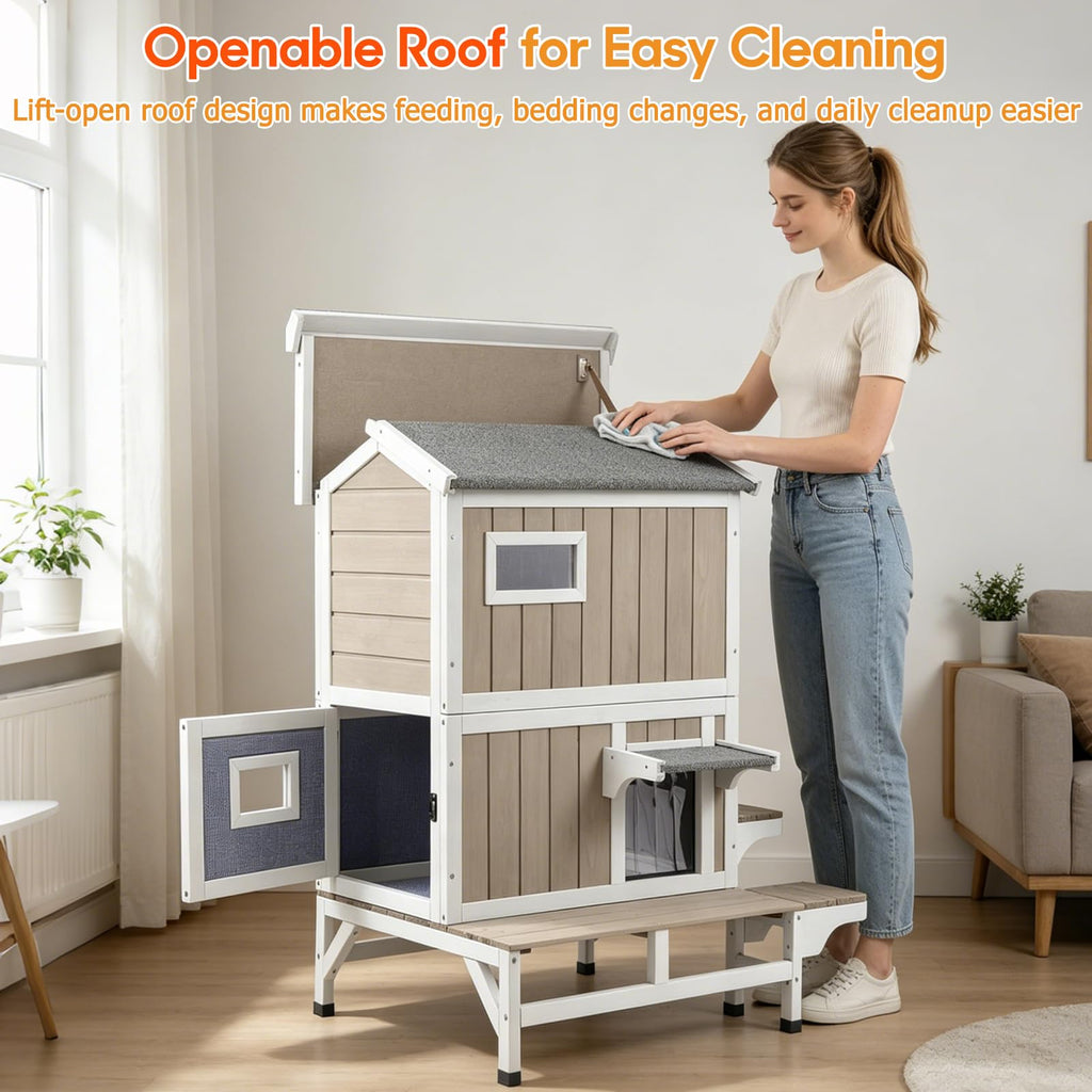 Insulated Outdoor Cat House 2-Story Wooden Shelter H773657