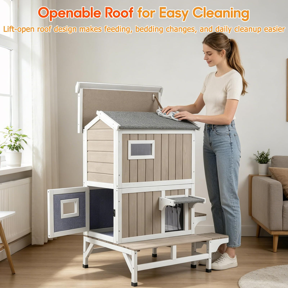 Insulated Outdoor Cat House 2-Story Wooden Shelter H773657
