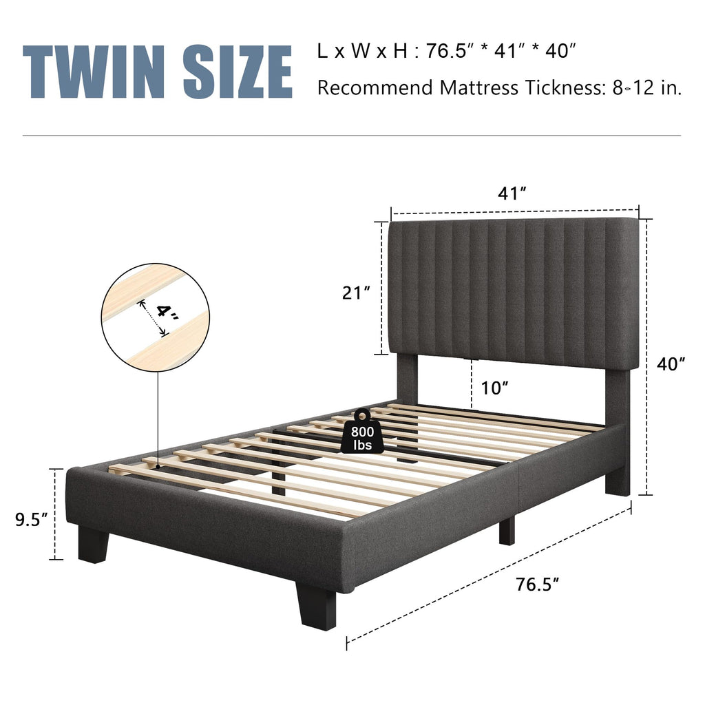 Twin Size Upholstered Linen Platform Bed Frame with Headboard E24367
