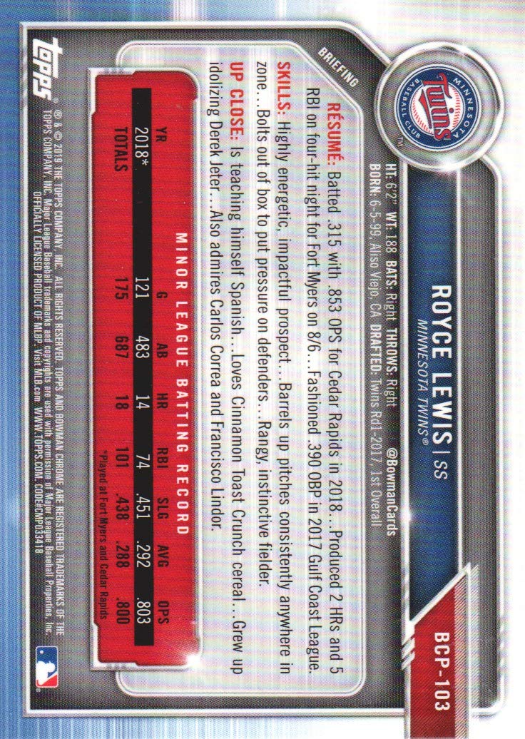 2019 Bowman Chrome Mega Box Prospect Baseball Refractor #BCP-103 Royce Lewis T729262