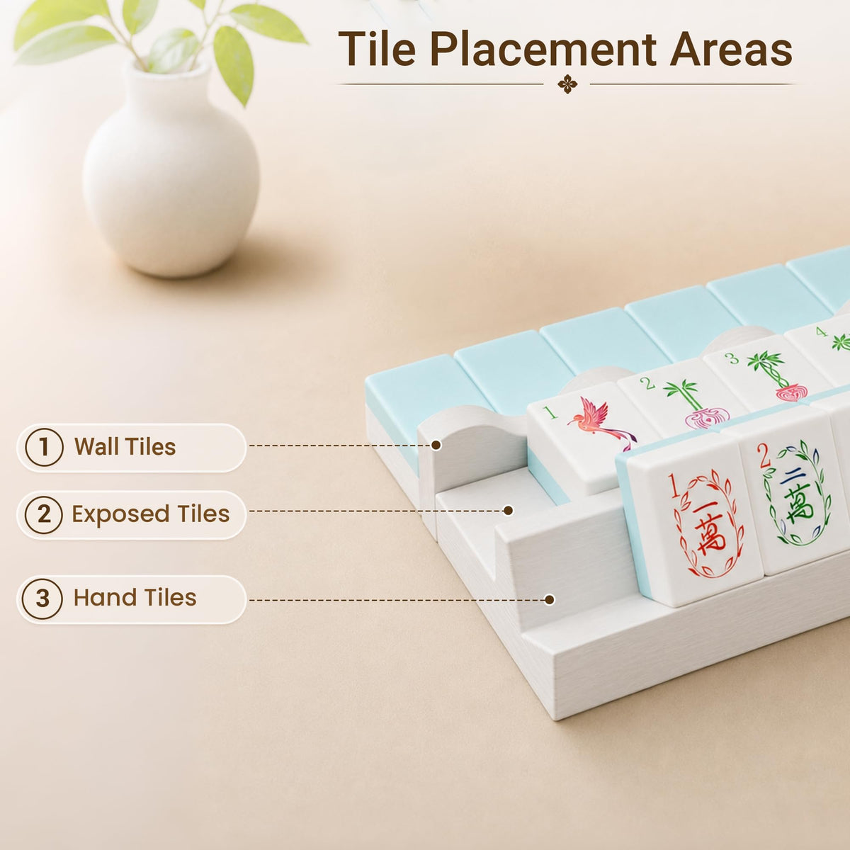White Scalloped Wooden Mahjong Racks with Pushers Set of 4 E736876