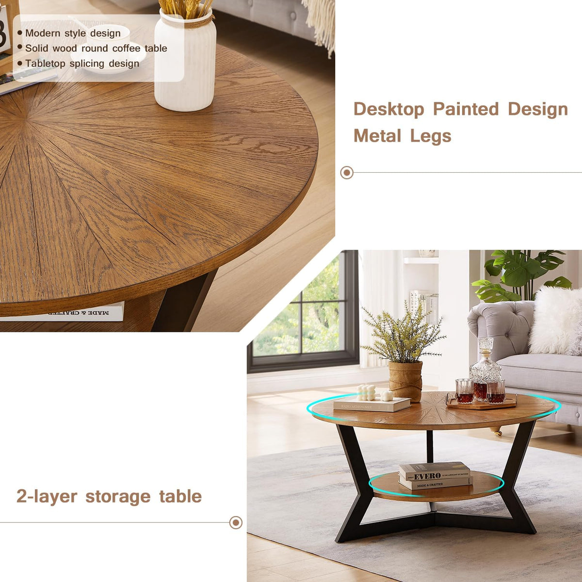 Brown 2-Tier Solid Wood Round Coffee Table P2581