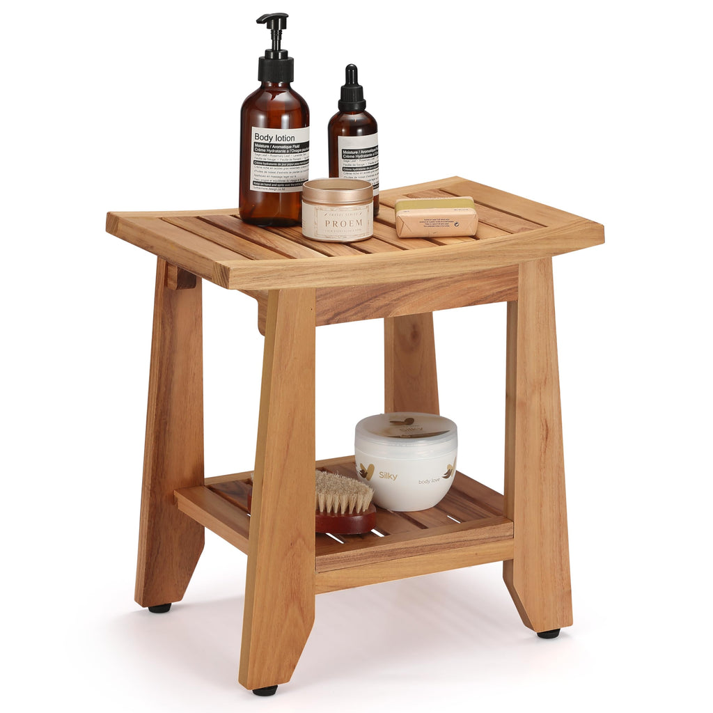 14'' Waterproof Teak Shower Bench with Storage Shelf S537376