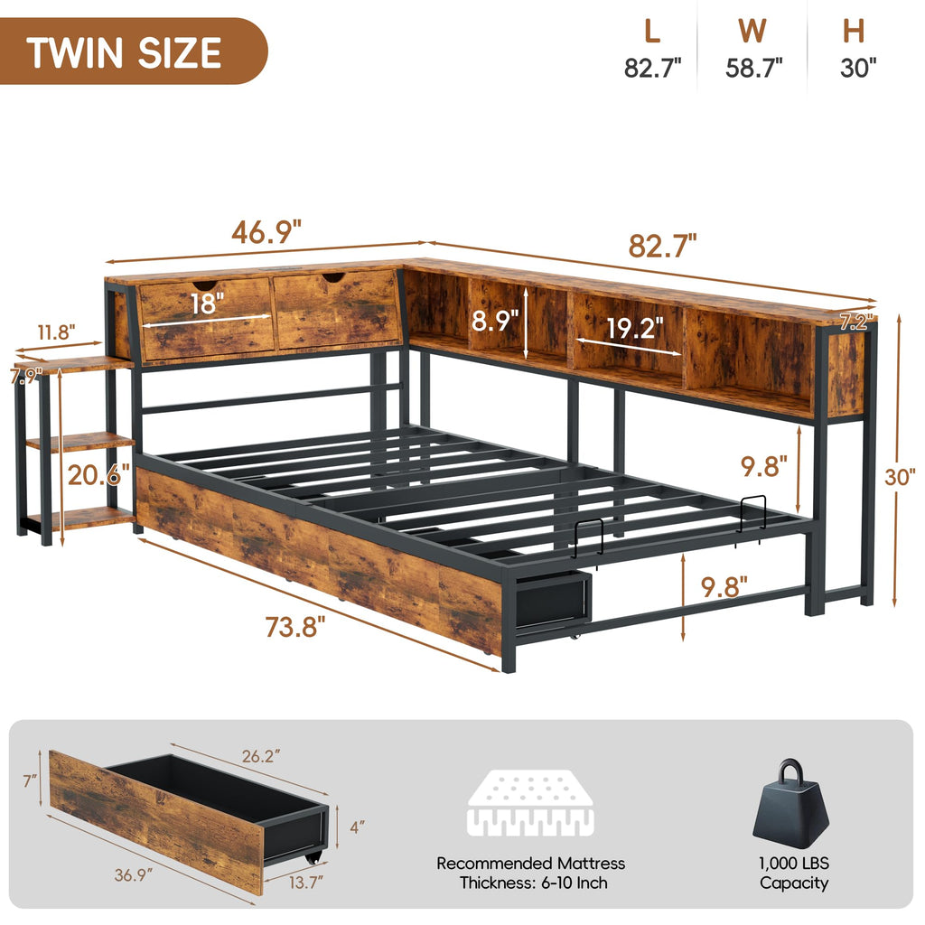 Brown Twin Corner Bed Frame with Storage Bookcase and Bedside Rack W804