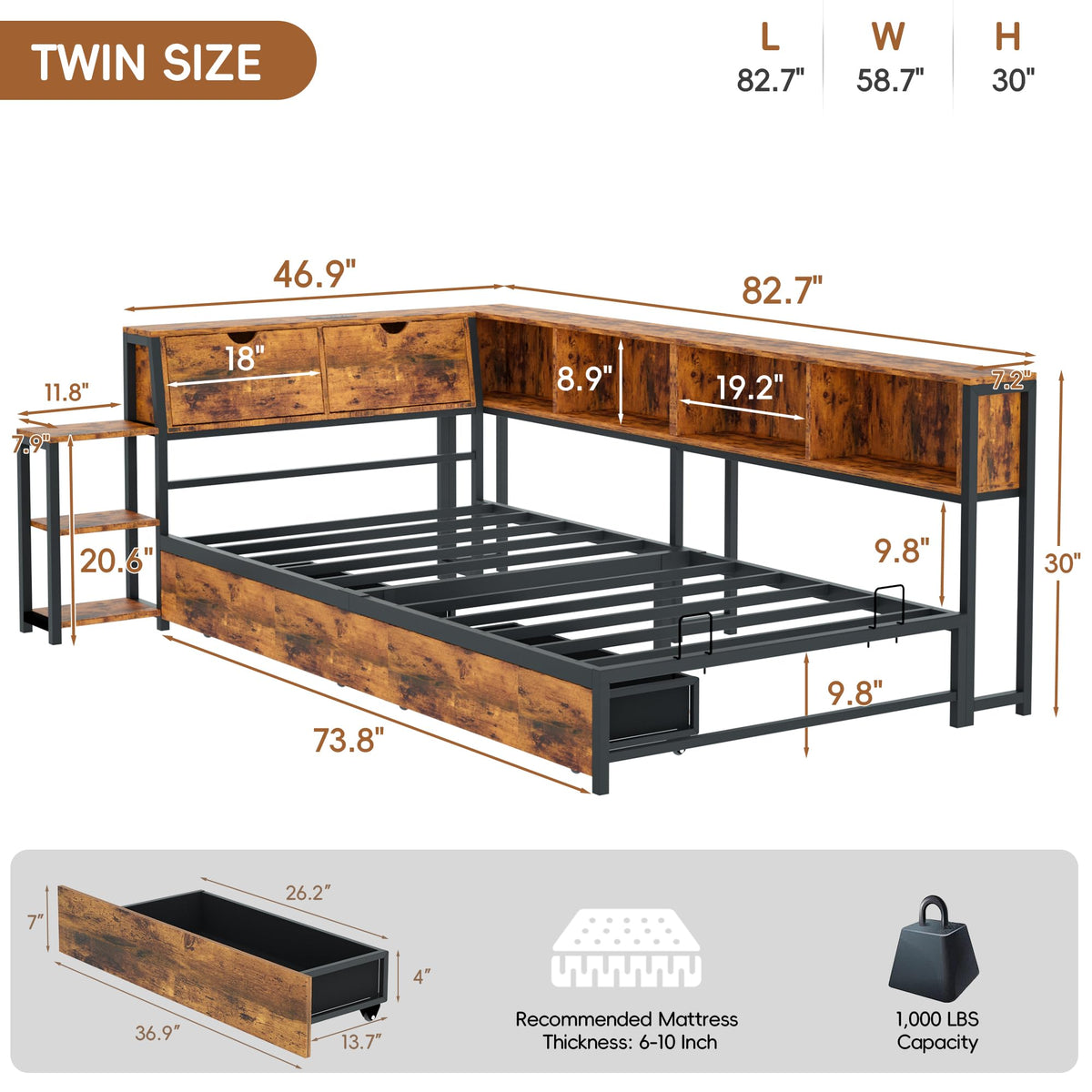 Brown Twin Corner Bed Frame with Storage Bookcase and Bedside Rack W804