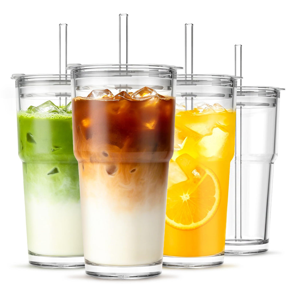 20 oz Iced Coffee Cups with Lids and Straw, Set of 4 Glass Tumbler P491669