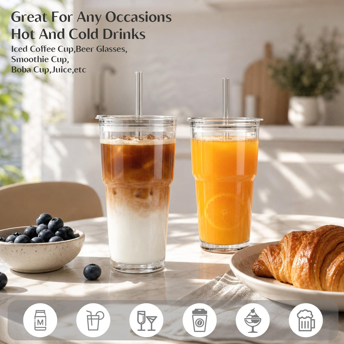 20 oz Iced Coffee Cups with Lids and Straw, Set of 4 Glass Tumbler P491669