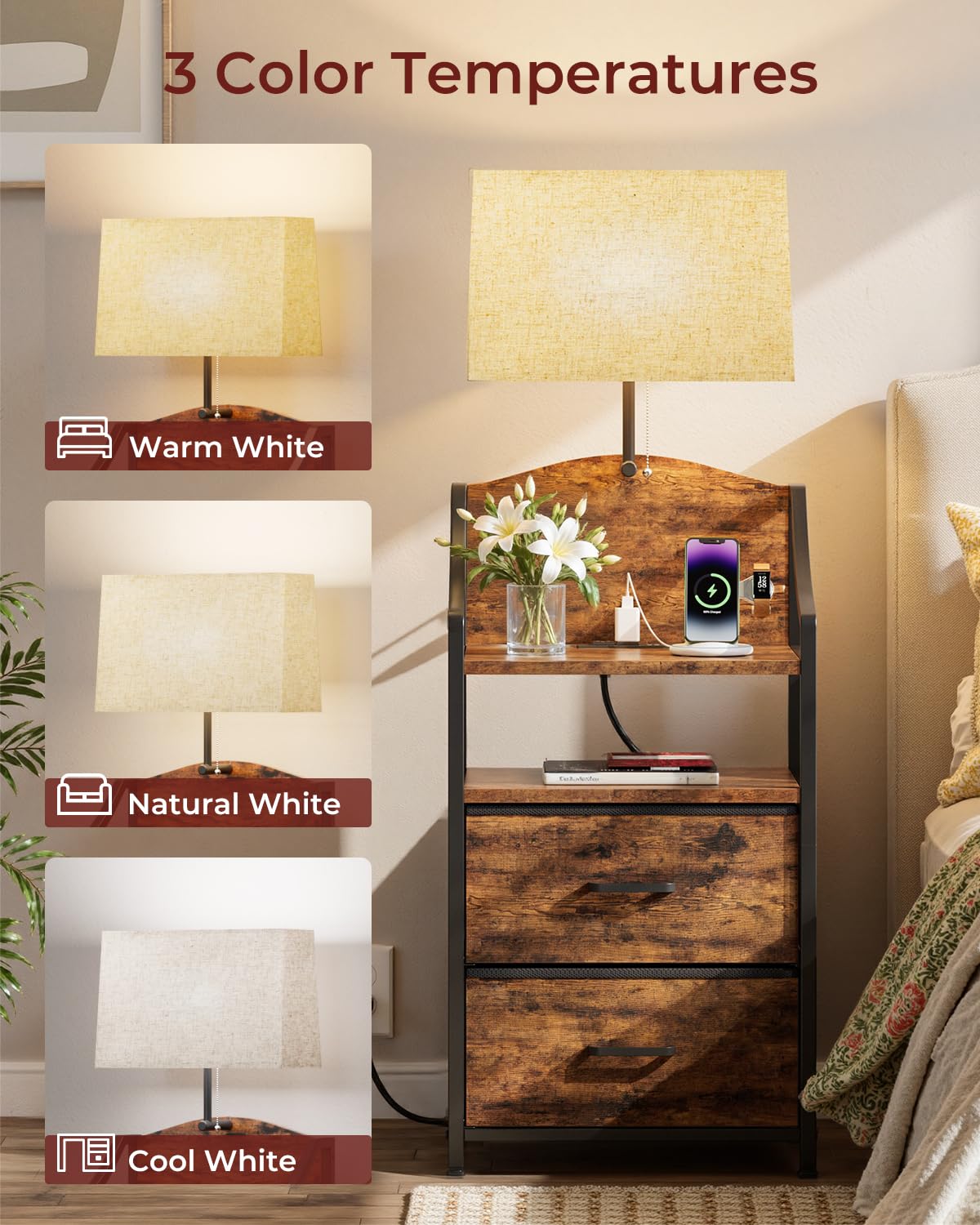 45" Tall Nightstand with Charging Station & Light B74296
