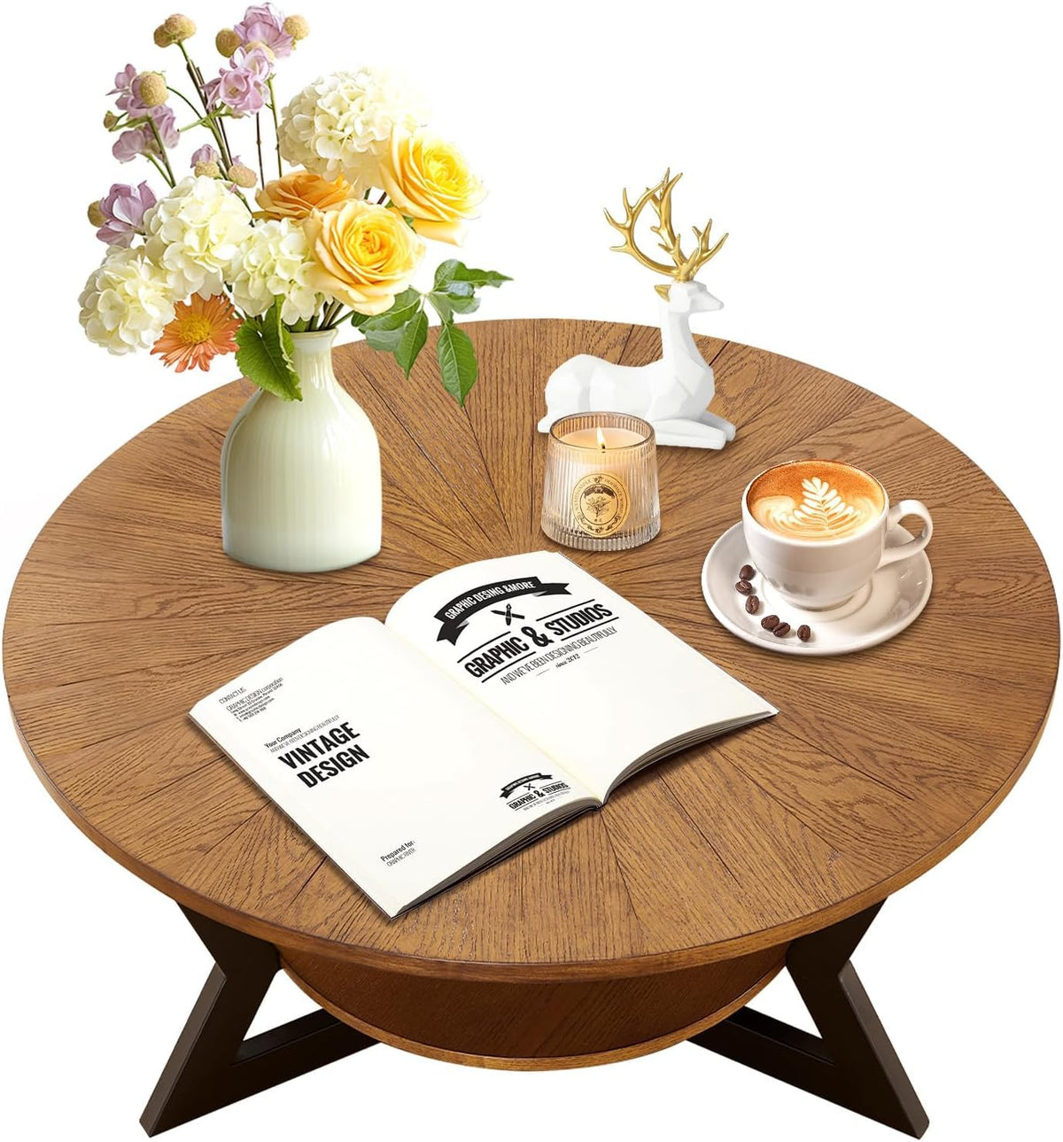 Brown 2-Tier Solid Wood Round Coffee Table P2581
