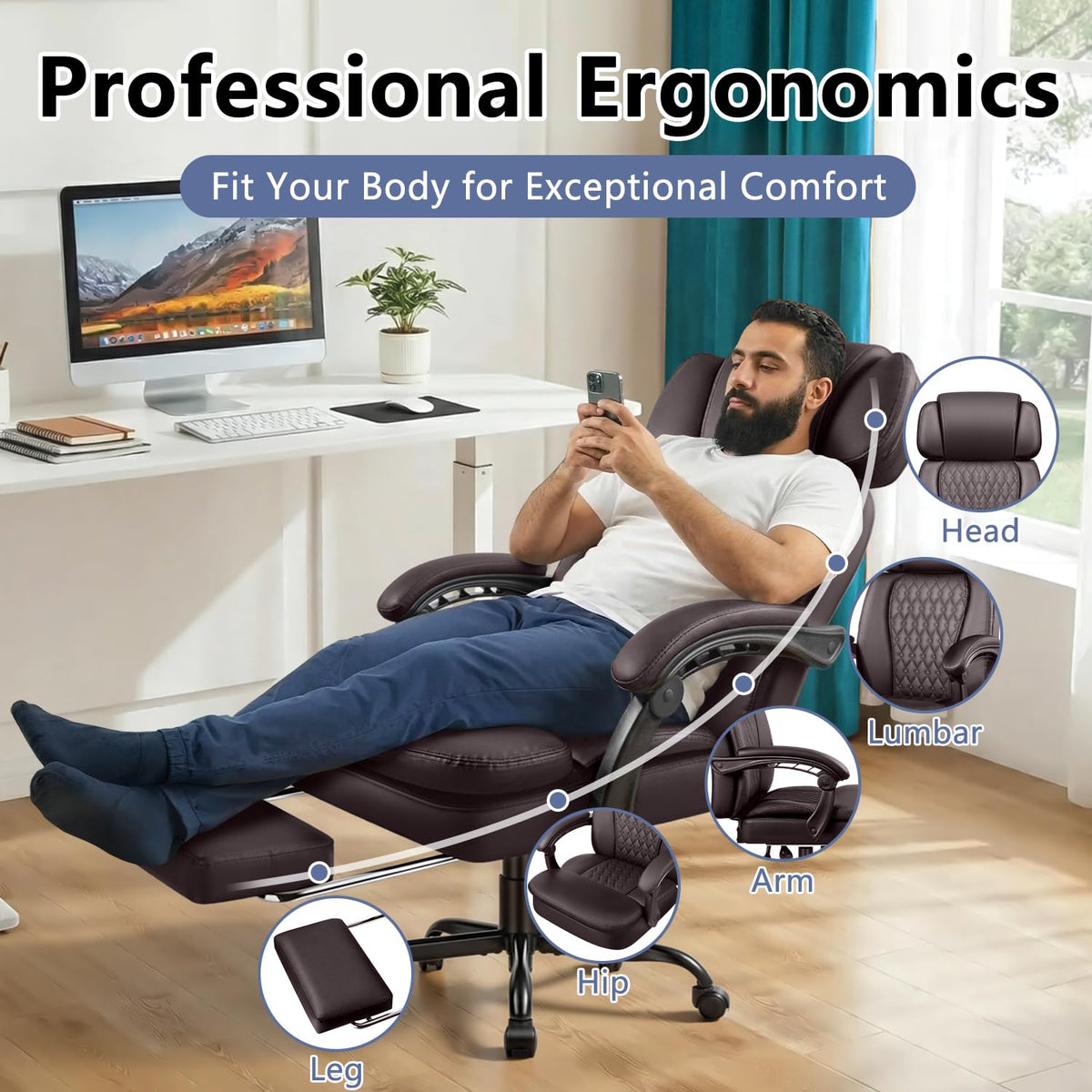Brown High Back Ergonomic PU Leather Office Chair with Foot-Rest H7948