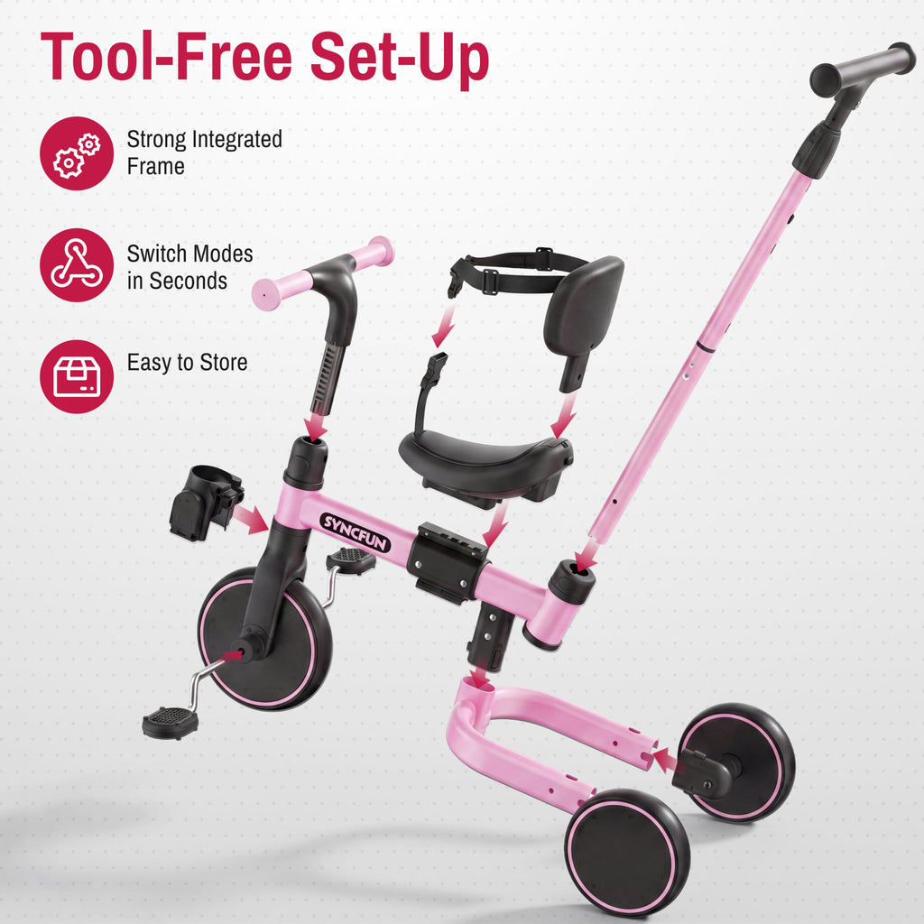 5-in-1 Kids Tricycle with Push Handle, Pink R323