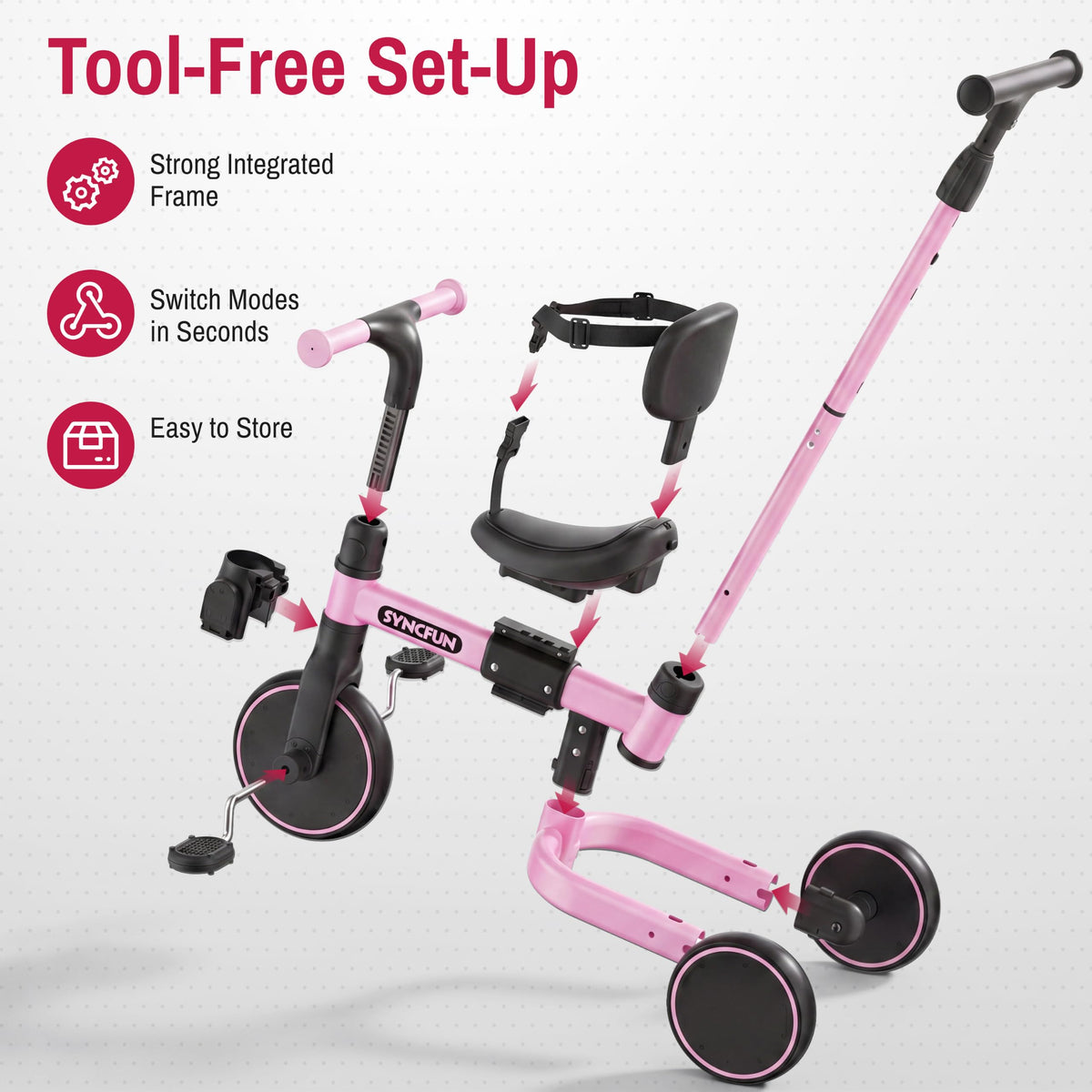 5-in-1 Kids Tricycle with Push Handle, Pink R323