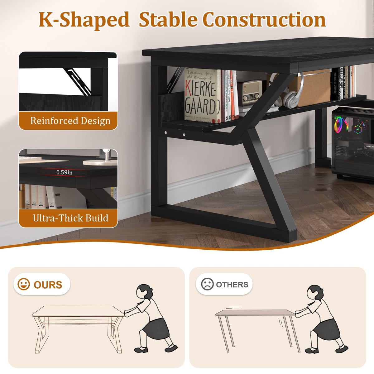 47 inch Black Computer Desk with Storage Shelf T229122
