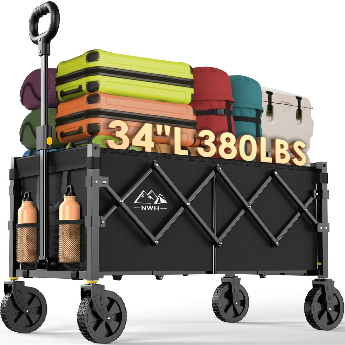 34'' Extra Long Collapsible Wagon, 380lbs Heavy Duty Utility Cart with All-Terrain Wheels S468789