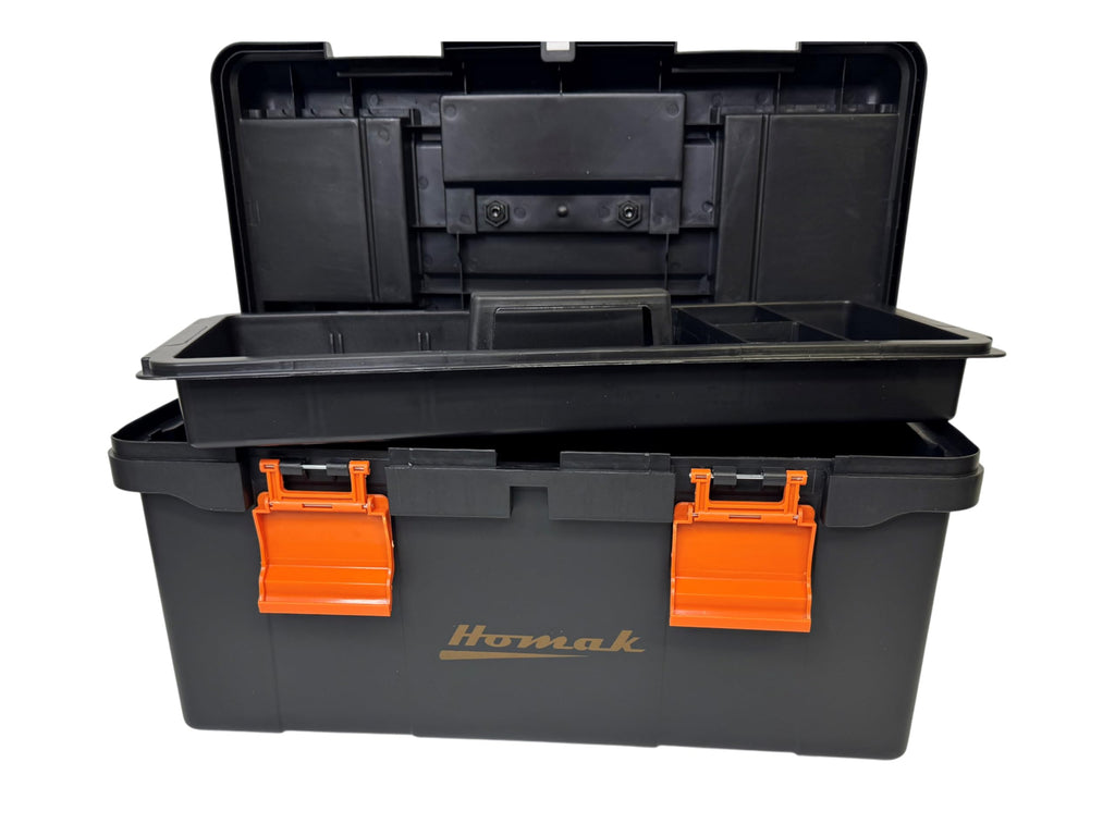 Plastic Tool Box with Tray and Dividers, Black, 19.25 Inches F1537